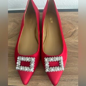 J. Crew Red Satin Pointed Toe Flats with Crystal Pearl Buckle